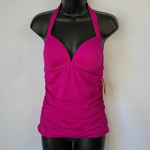 Tommy Bahama Pearl Halter Shirred Long Tankini Top Wild Orchid Size Small